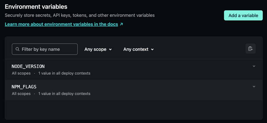 Netlify admin dashboard - Environment variable section